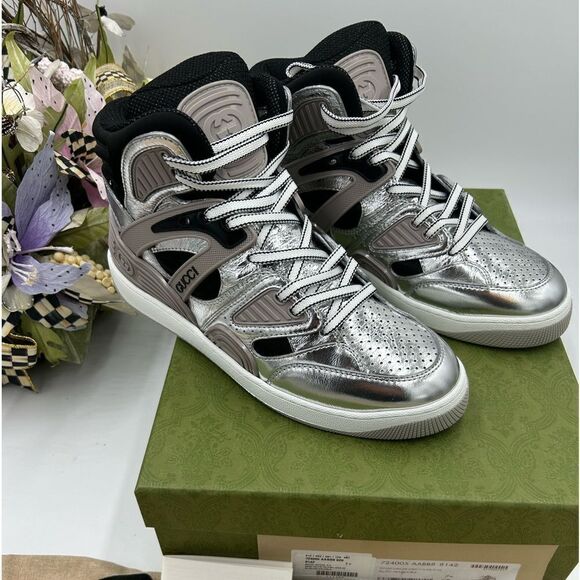 Men’s Gucci basket high top silver sneakers size 7.5 made in Italy - Picture 1 of 12